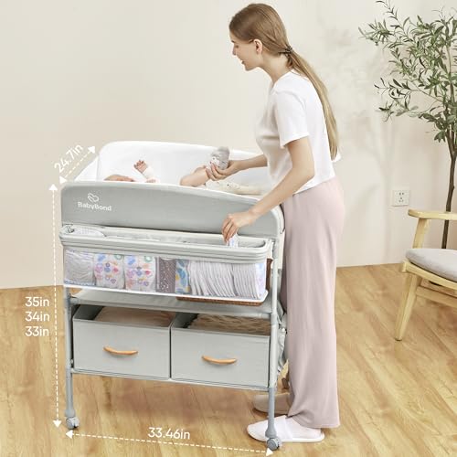 Foldable Baby Changing Table with Lockable Wheels & Storage Baskets (Beige)