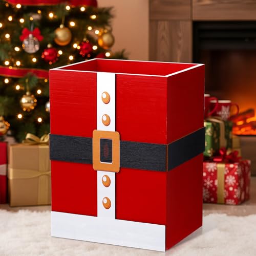 Santa Christmas Wastebasket - Wooden Trash Can for Home Decor