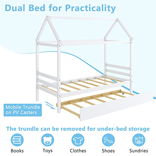 Twin Size House Bed with Trundle, Solid Wood Kids Platform Bed Frame