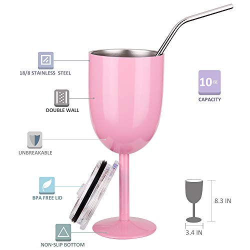 AMZUShome Light Pink 10oz Double Walled Insulated Stainless Steel Wine Glass with Lid & Straw