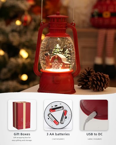 Musical Christmas Snow Globe Lantern with Swirling Glitter and 6H Timer