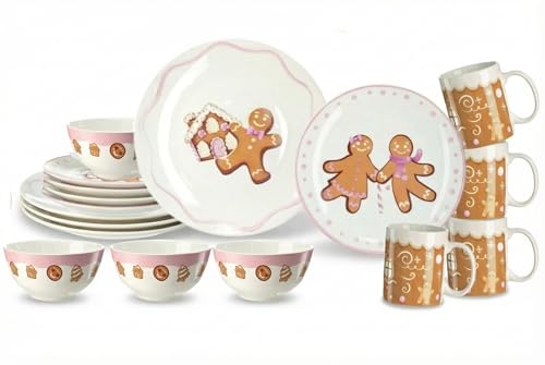 Pickmesh 16Pcs Pink Gingerbread Man Christmas Dinnerware Set for 4 Guests
