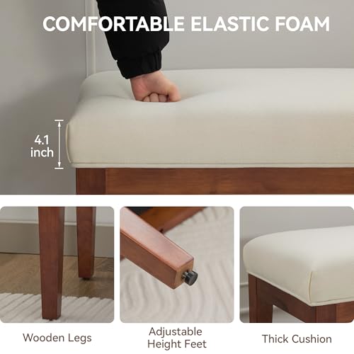 43.5-Inch Upholstered Bedroom Bench with Solid Wood Legs, Cream White