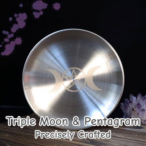 Triple Moon Pentagram Altar Plate - Brushed Stainless Steel Offering Tray