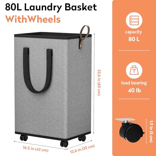 SpaceTrove Rolling Laundry Basket 80L Grey Collapsible Hamper with Wheels