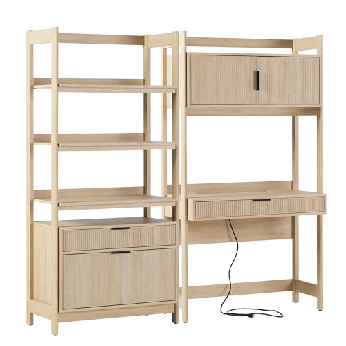2-Piece Transitional Hutch Desk and Bookcase with USB Charging Ports
