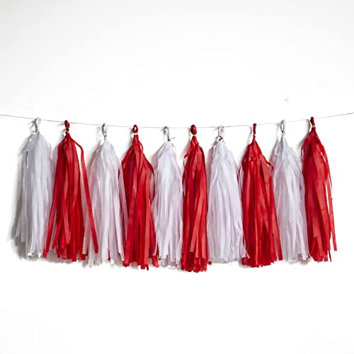 Red and White Tissue Paper Tassel Garland - 20 Piece DIY Party Decor