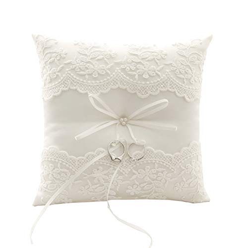Ivory Wedding Ring Bearer Pillow with Lace and Pearl Detail 8.26 Inch