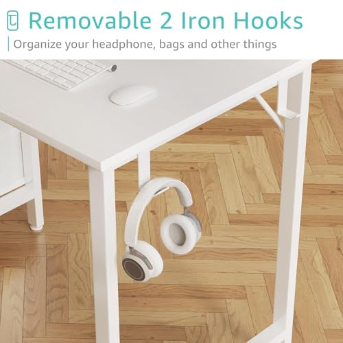 Small White Computer Desk with 4 Fabric Drawers, 40-Inch Writing Table