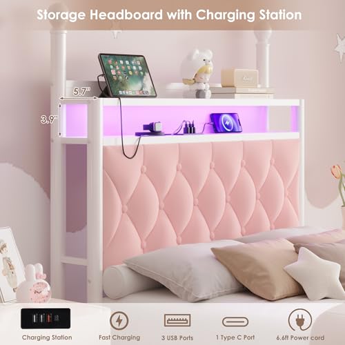 Twin Canopy Bed Frame with LED Lights, Storage Headboard & Charging Station