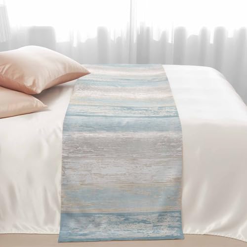 Aqua Blue King Size Bed Runner 94x20 Inches Satin Farmhouse Decor