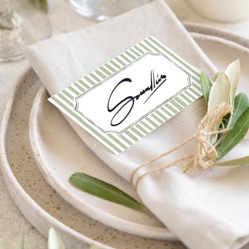 100 Pcs Sage Green Striped Tented Place Cards for Wedding Table Settings