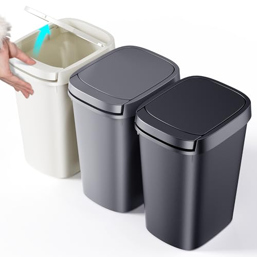 3-Pack Slim Plastic Bathroom Trash Can with Press Top Lid, 10L / 2.6 Gal