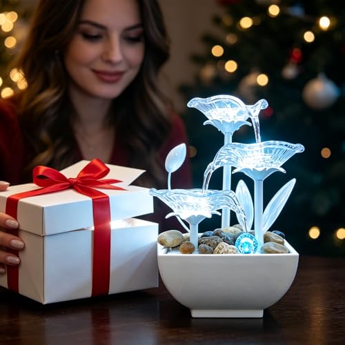Tabletop Water Fountain - 3-Tier Indoor Waterfall with Color-Changing LED