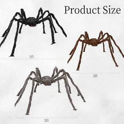 BEABOO 3 Pack 5Ft Black, Brown & Grey Giant Halloween Spiders Realistic Scary Decor