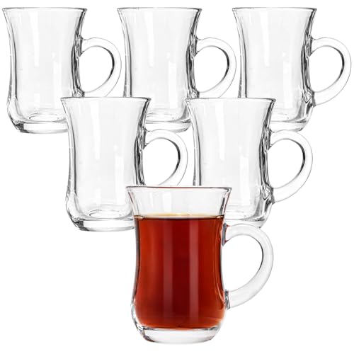 Suwimut Set of 6 Turkish Tea Glasses with Handles - 5 oz Clear Tulip-Shaped Cups for Hot & Cold Beverages
