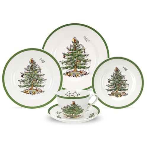 Spode 7 Oz Christmas Tree Dinnerware Set of 5 - Holiday Earthenware with Holly Accents