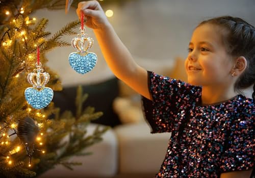 JUESMOS Blue Love Heart Crown Christmas Ornaments with Rhinestones