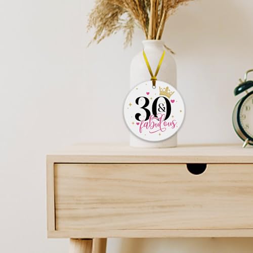 REWIDPARTY 3-Inch Round Ceramic Ornament - Fabulous 30th Birthday Gold Ribbon Gift Box (Gold & White)