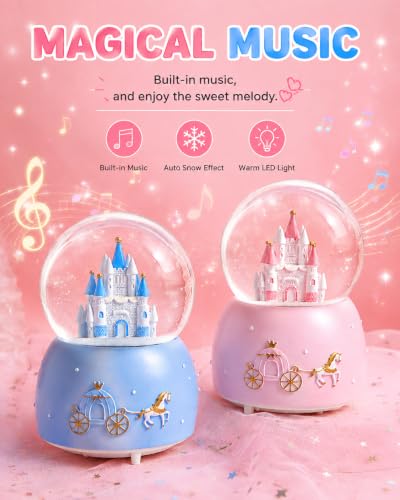 Musical Castle Snow Globe with Automatic Snowfall and LED Lights (Pink)