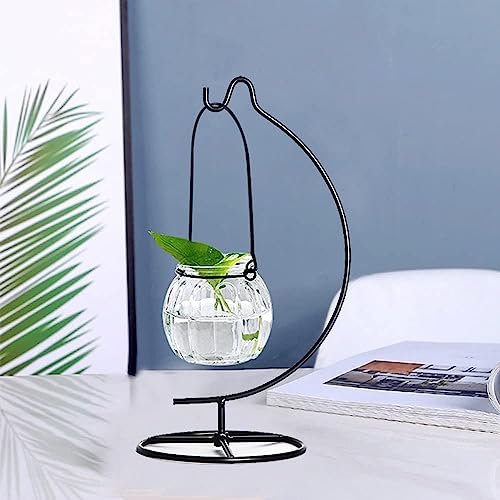 Iron Ornament Display Stand with Wood Base for Hanging Plants and Glass Globes