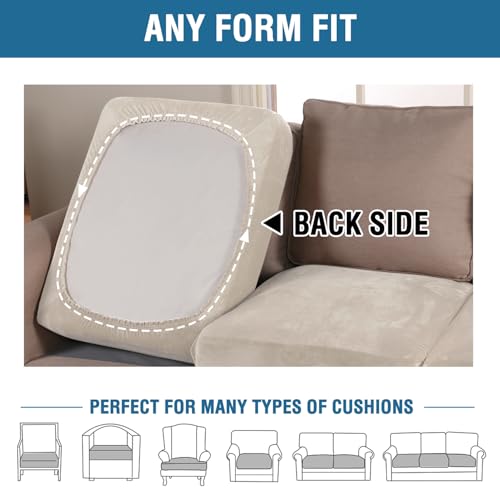 Velvet Stretch Sofa Cushion Covers - 3-Piece Plush Furniture Protector (Ivory)