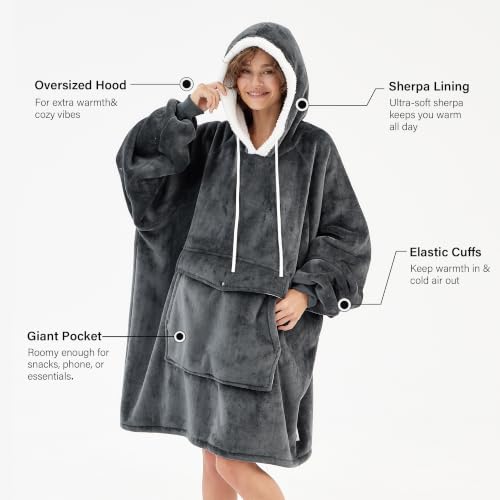 Qeils Dark Grey Wearable Blanket Hoodie for Women - Sherpa Fleece Cozy Pullover