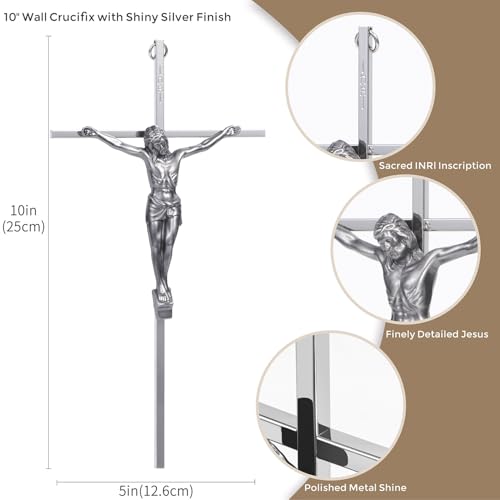 10-Inch Silver Metal Crucifix Wall Cross for Home and Prayer Room Decor