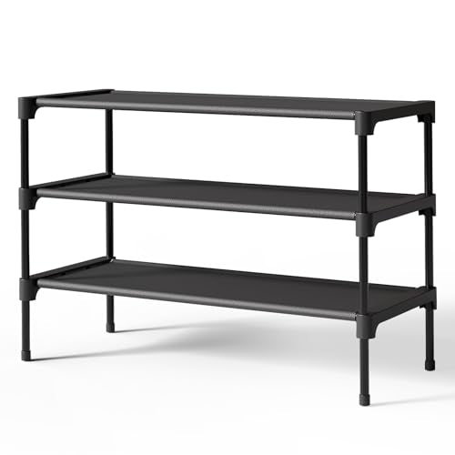 Kitsure 3-Tier Stackable Shoe Rack - 27.5" Wide Black Metal & Fabric Shelf