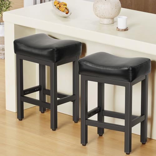 24-Inch Counter Height Bar Stools, Set of 2 Leather Saddle Stools with Metal Base