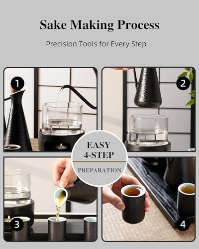 ZENS Black Sake Set with 6 Cups & Warmer - 13 oz Hot Sake Tea Ceremony