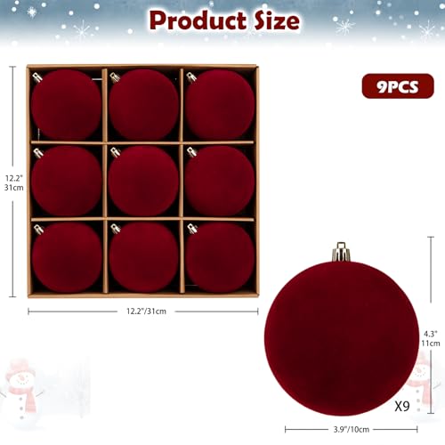 Briful 3.94 Inch Burgundy Velvet Christmas Ornaments Set - 9 Large Soft Matte Holiday Baubles for Tree & Decor
