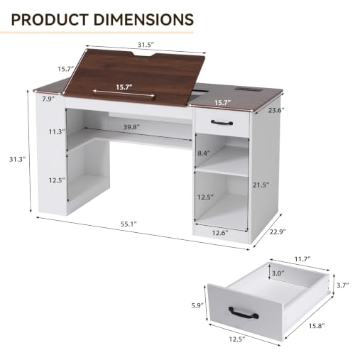 55.1" Tiltable Drafting Table with Storage, Drawer, and Power Outlets