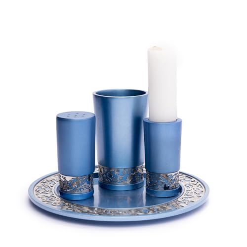 4-Piece Blue Anodized Aluminum Havdalah Set with Filigree Accents