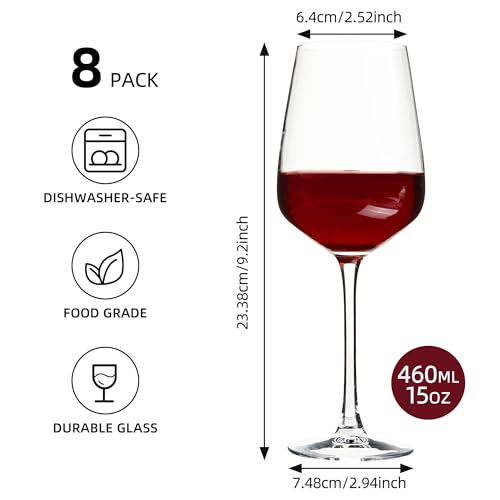 15oz Wine Glasses Set of 8, Heavy Duty Stemmed Glassware for Red and White Wine
