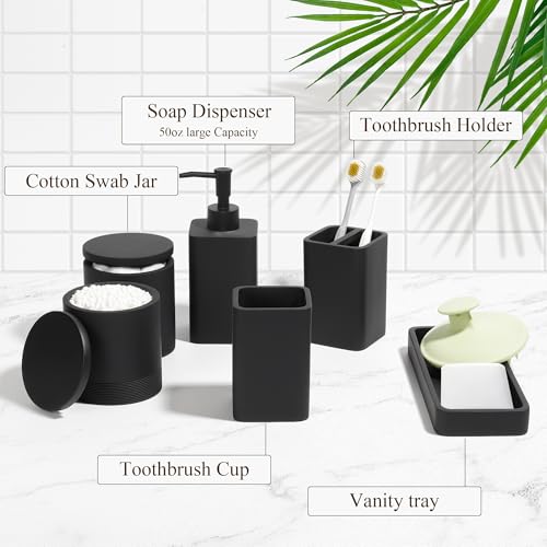 6-Piece Matte Black Bathroom Accessory Set with Soap Dispenser and Tray