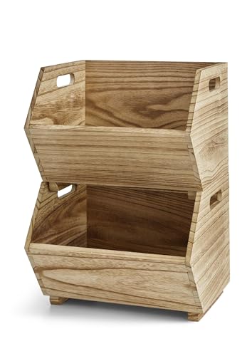 Natural Wood Stackable Storage Bins, Open Front Organizing Crates, Set of 2