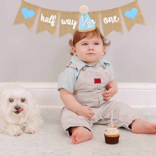 1/2 Birthday Party Hat and Banner Set for 6 Month Half Way to One Baby