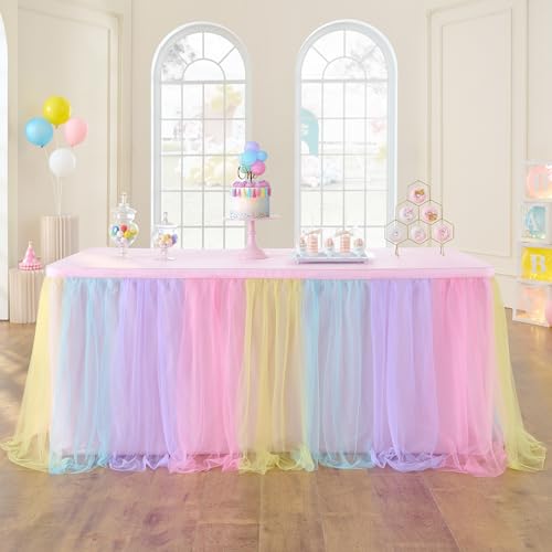 6ft Rainbow Tulle Table Skirt for Rectangle Tables, Pastel Ruffle Tutu Decor