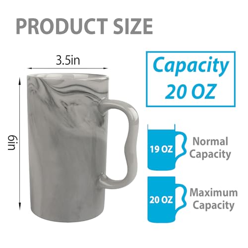 NBABSR 20 oz Grey Marble Mugs Set of 2 with Large M-Handle - Porcelain Coffee Tea Cups 600ml