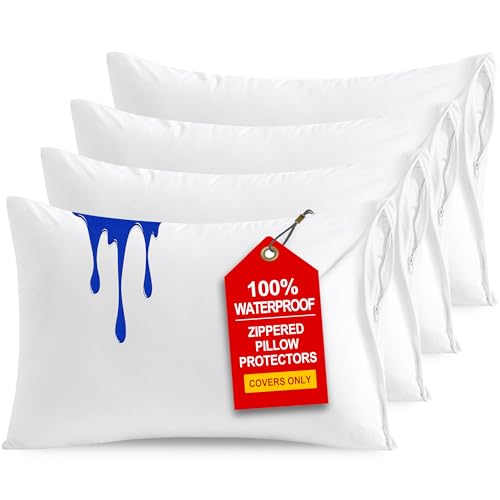 Waterproof Standard Pillow Protectors - Jersey Knit Zippered Covers, 4 Pack