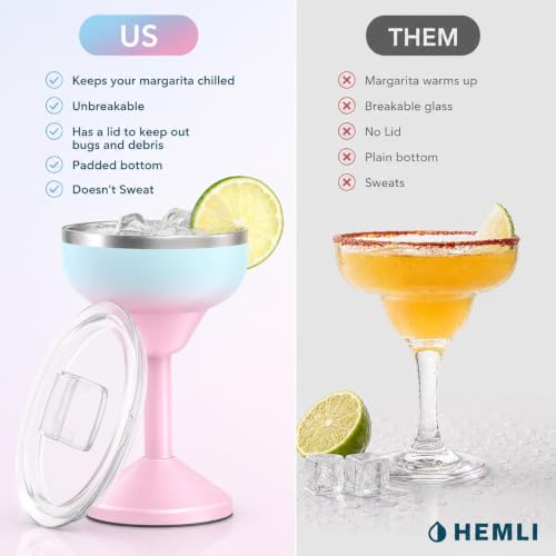 Hemli Insulated Margarita Glass Tumbler with Lid - Green Pink, Keeps Drinks Cold 12 Hours