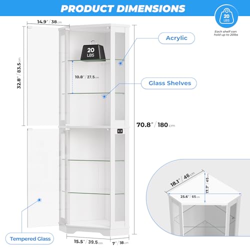 71" Tall Corner Display Cabinet with LED Lights and 6 Glass Shelves