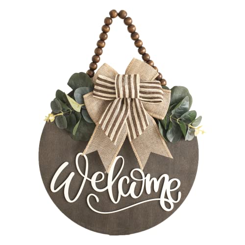 12-Inch Round Wooden Welcome Sign for Front Door - Farmhouse Porch Decor