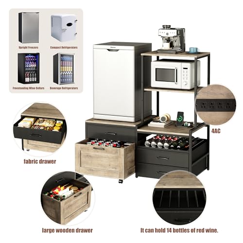 Mini Fridge Stand with Wine Rack and Storage Drawers, Kitchen Baker's Rack