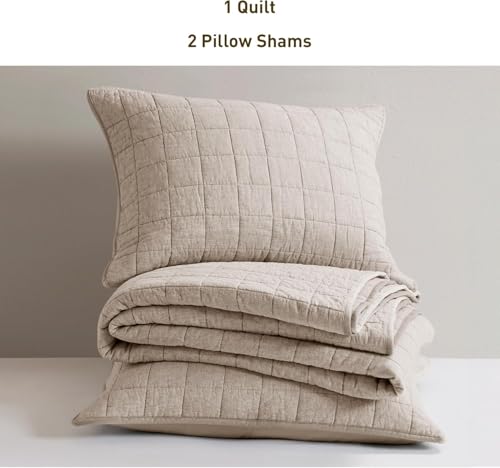 Queen Size Linen Quilt - Breathable Box-Stitch Coverlet