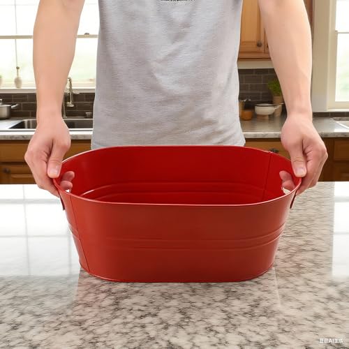 Biugaaufai 2 Pack 3 Gallon Red Galvanized Beverage Tubs with Handles - Large Metal Drink Buckets for Parties & Outdoor Events