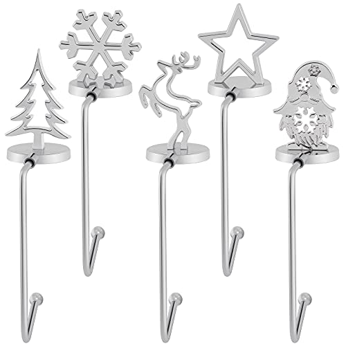 URATOT Silver Christmas Stocking Holders Set of 5 - Mantel & Fireplace Hooks with Elk, Star, Tree, Snowman, Gnome Designs