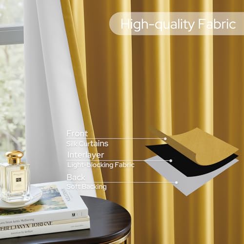 HOMEIDEAS Gold Faux Silk Blackout Curtains 52x84 Inches - Pack of 2, Room Darkening Drapes