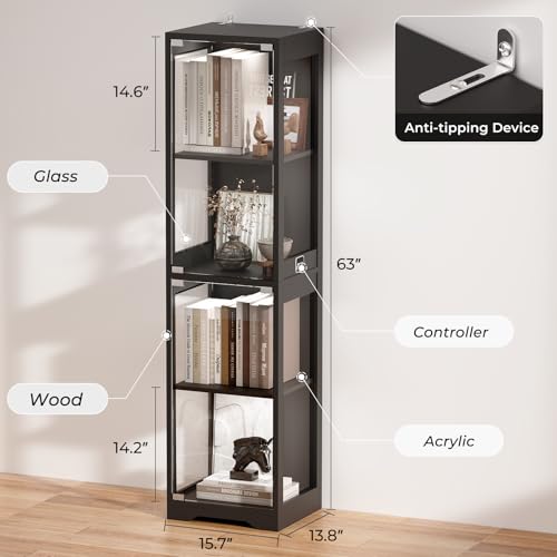 4-Tier Glass Display Cabinet with 3-Color LED Lights & Motion Sensor